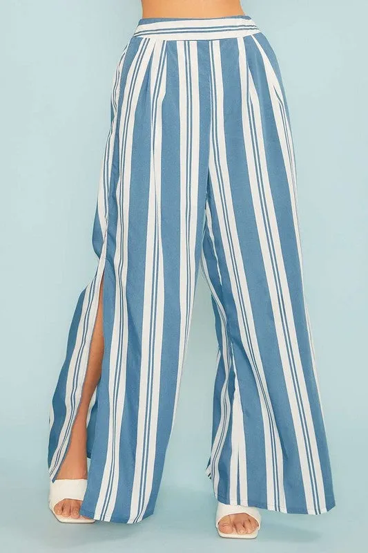 Blue Back Smoking Waist Side Pockets Stripe Silt Pants