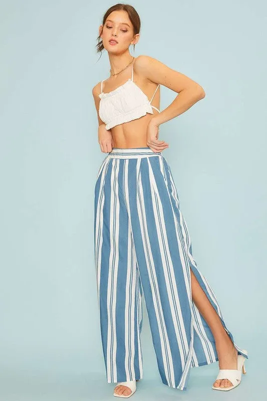 Blue Back Smoking Waist Side Pockets Stripe Silt Pants