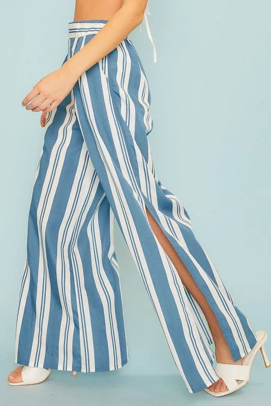 Blue Back Smoking Waist Side Pockets Stripe Silt Pants