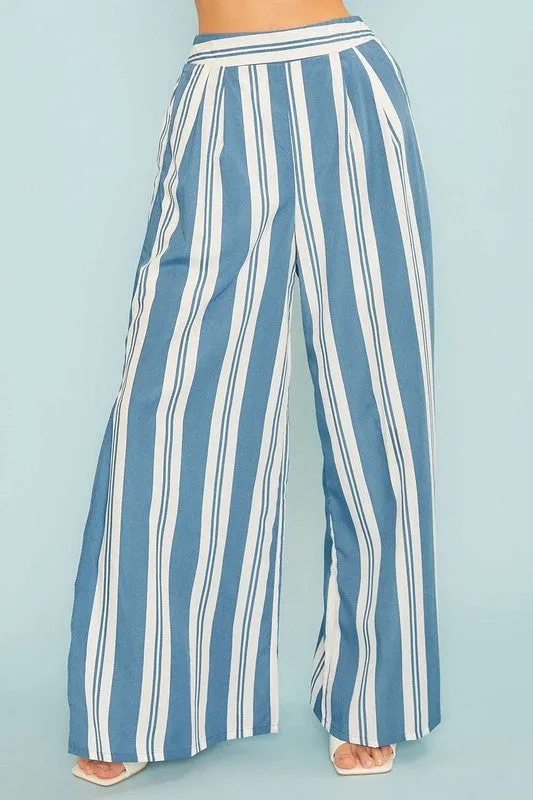 Blue Back Smoking Waist Side Pockets Stripe Silt Pants