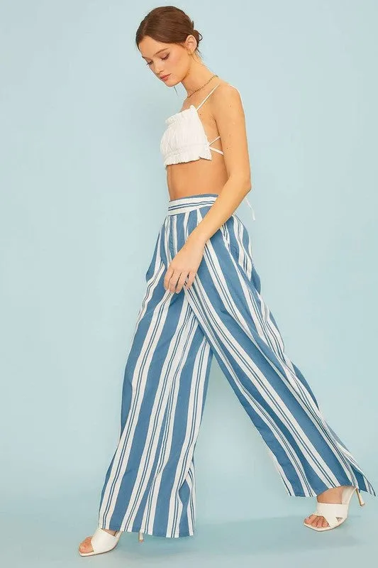 Blue Back Smoking Waist Side Pockets Stripe Silt Pants