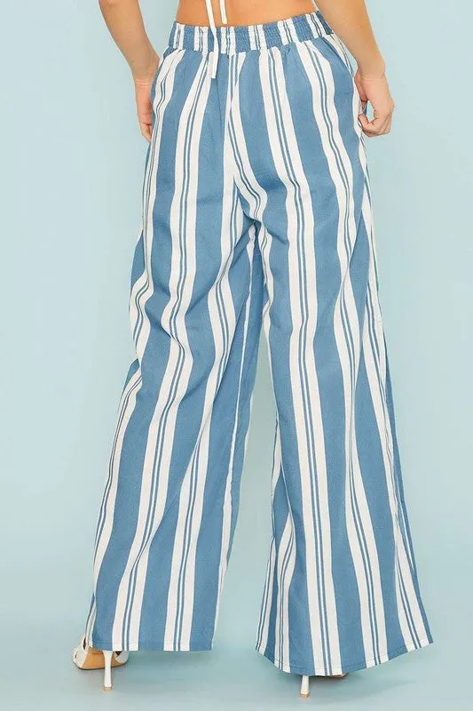 Blue Back Smoking Waist Side Pockets Stripe Silt Pants