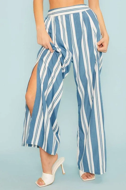 Blue Back Smoking Waist Side Pockets Stripe Silt Pants