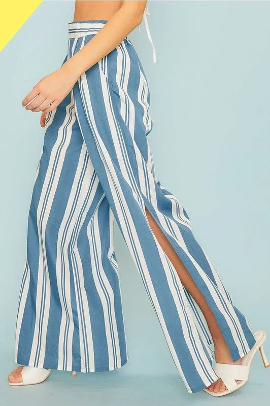 Blue Back Smoking Waist Side Pockets Stripe Silt Pants