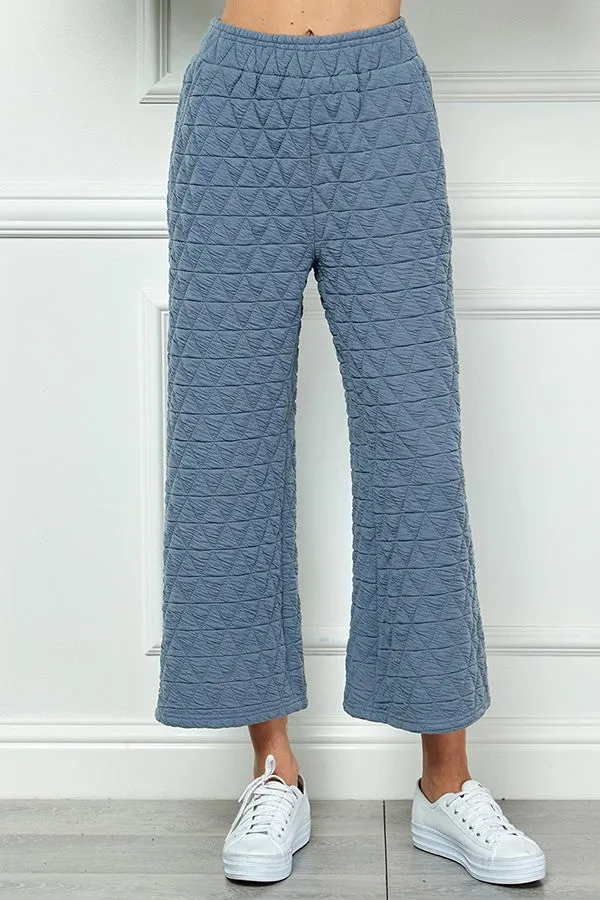 Blue Quilted Cropped Wide Pants
