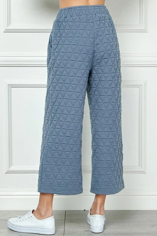 Blue Quilted Cropped Wide Pants