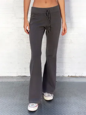 Girlary Gray Cotton Drawstring Flare Pant Autumn Woman High Waist Slim Sport Long Pants Female Simple Casual Y2k Trousers Chic