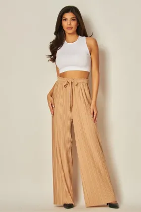 Khaki Pleated Wide Leg Paperback Self Tie Pants