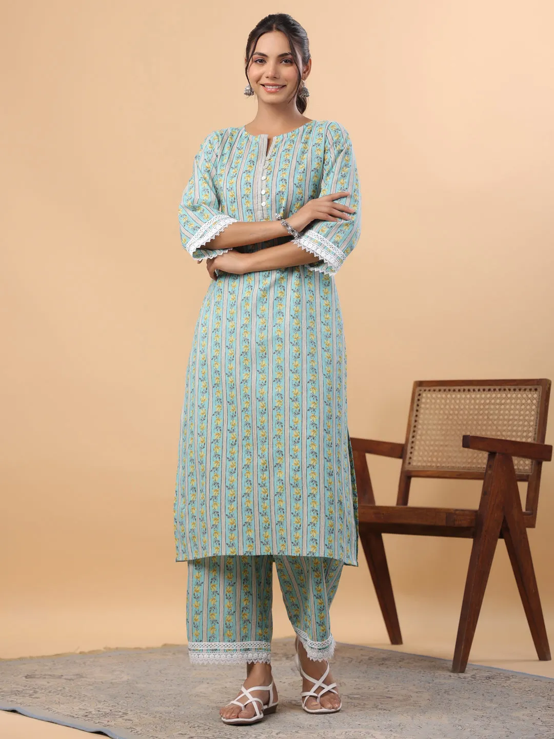 Light Blue Cotton Floral Regular Kurta Set