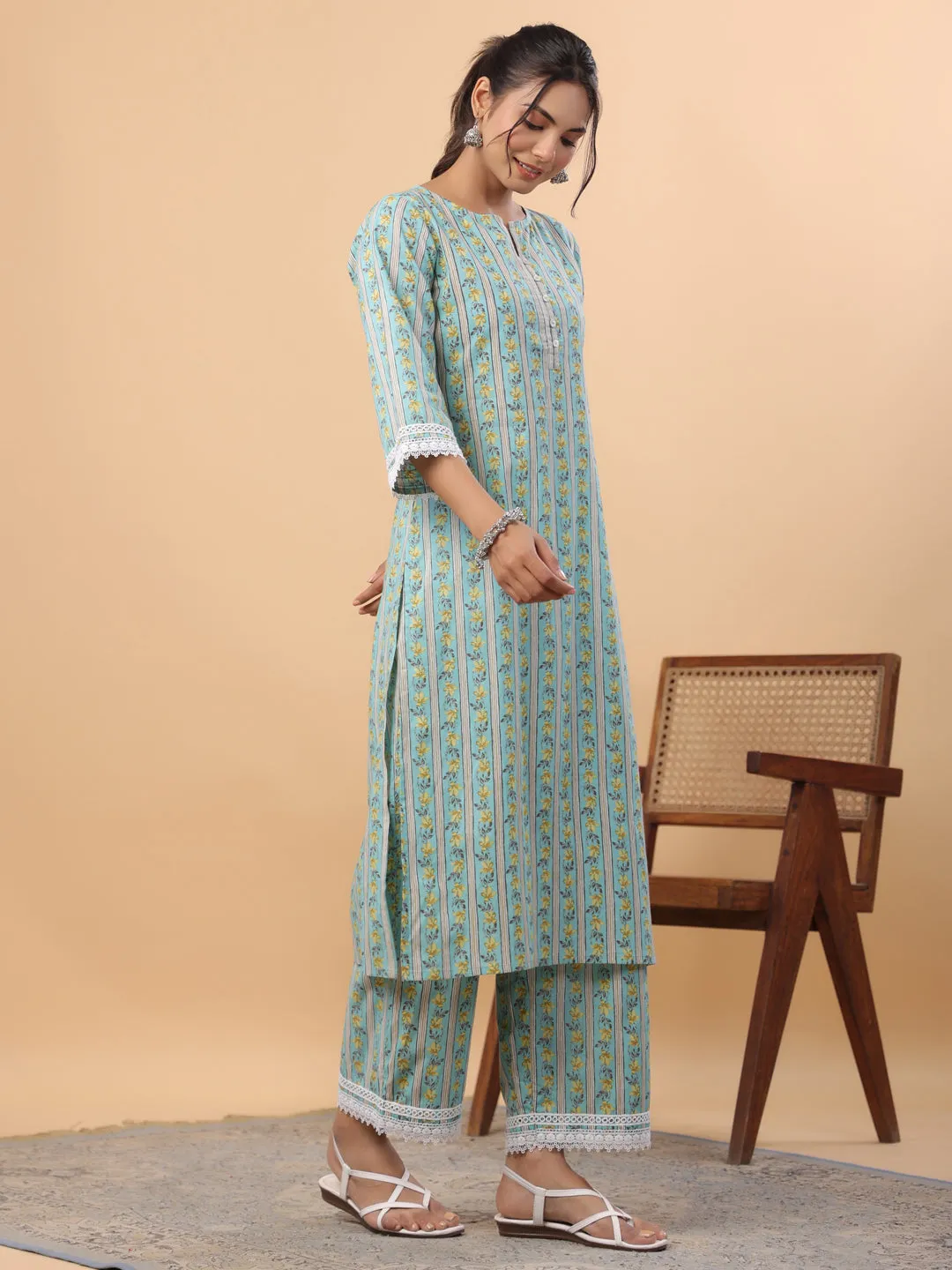 Light Blue Cotton Floral Regular Kurta Set