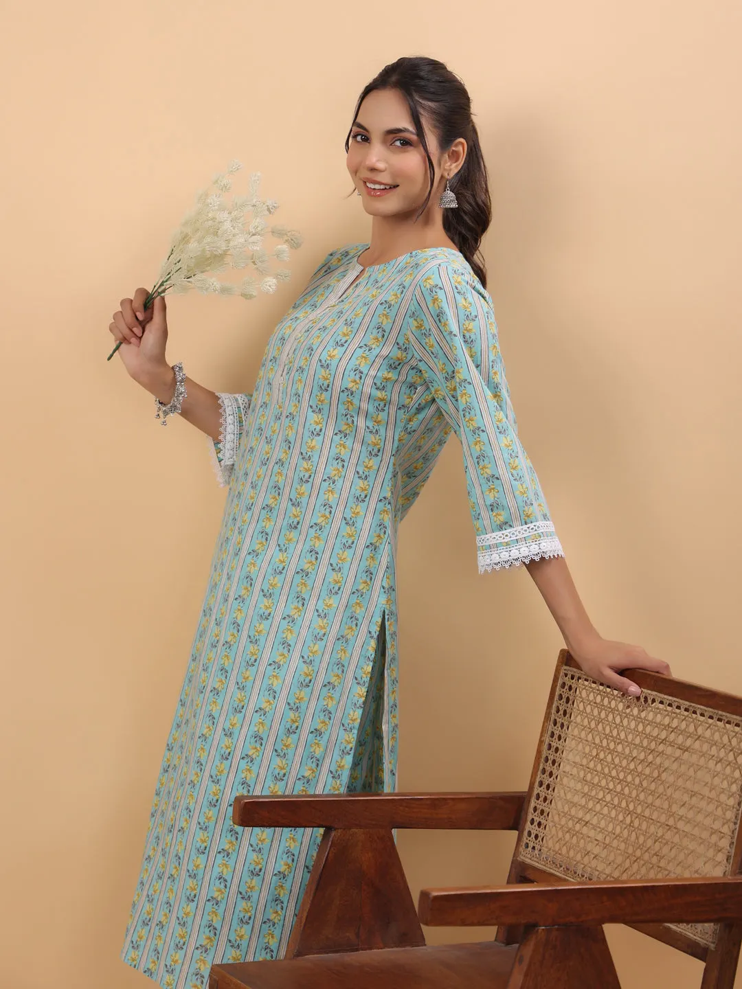Light Blue Cotton Floral Regular Kurta Set