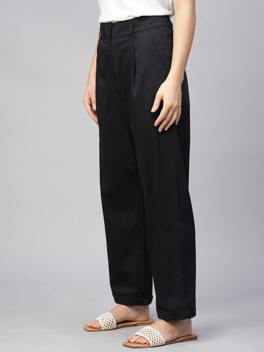 Women's Black Cotton Elastane Straight Fit Pant