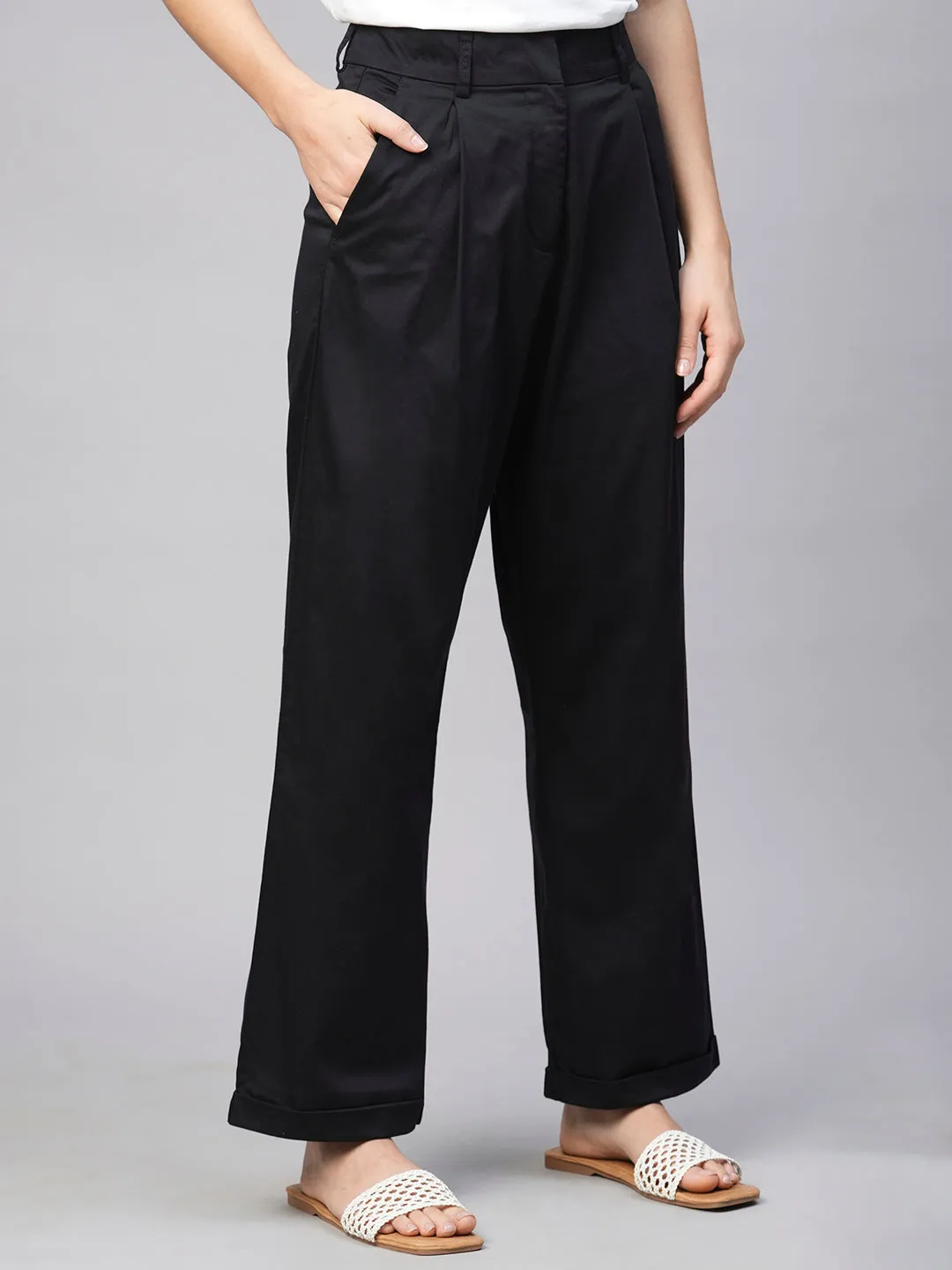 Women's Black Cotton Elastane Straight Fit Pant