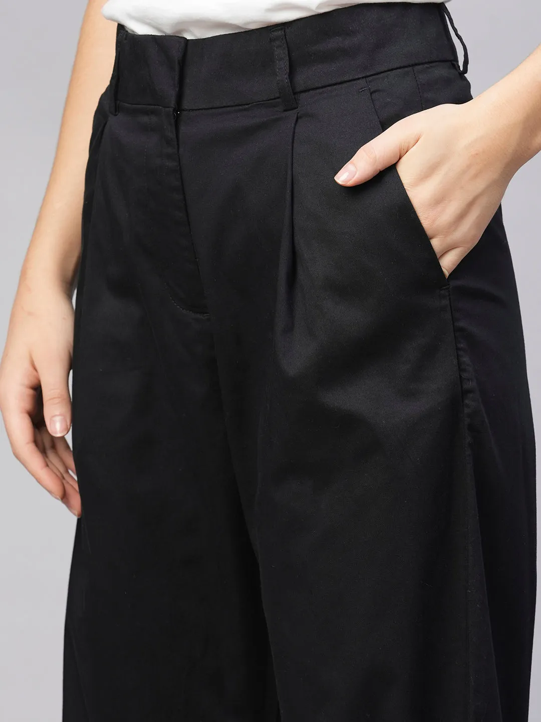 Women's Black Cotton Elastane Straight Fit Pant