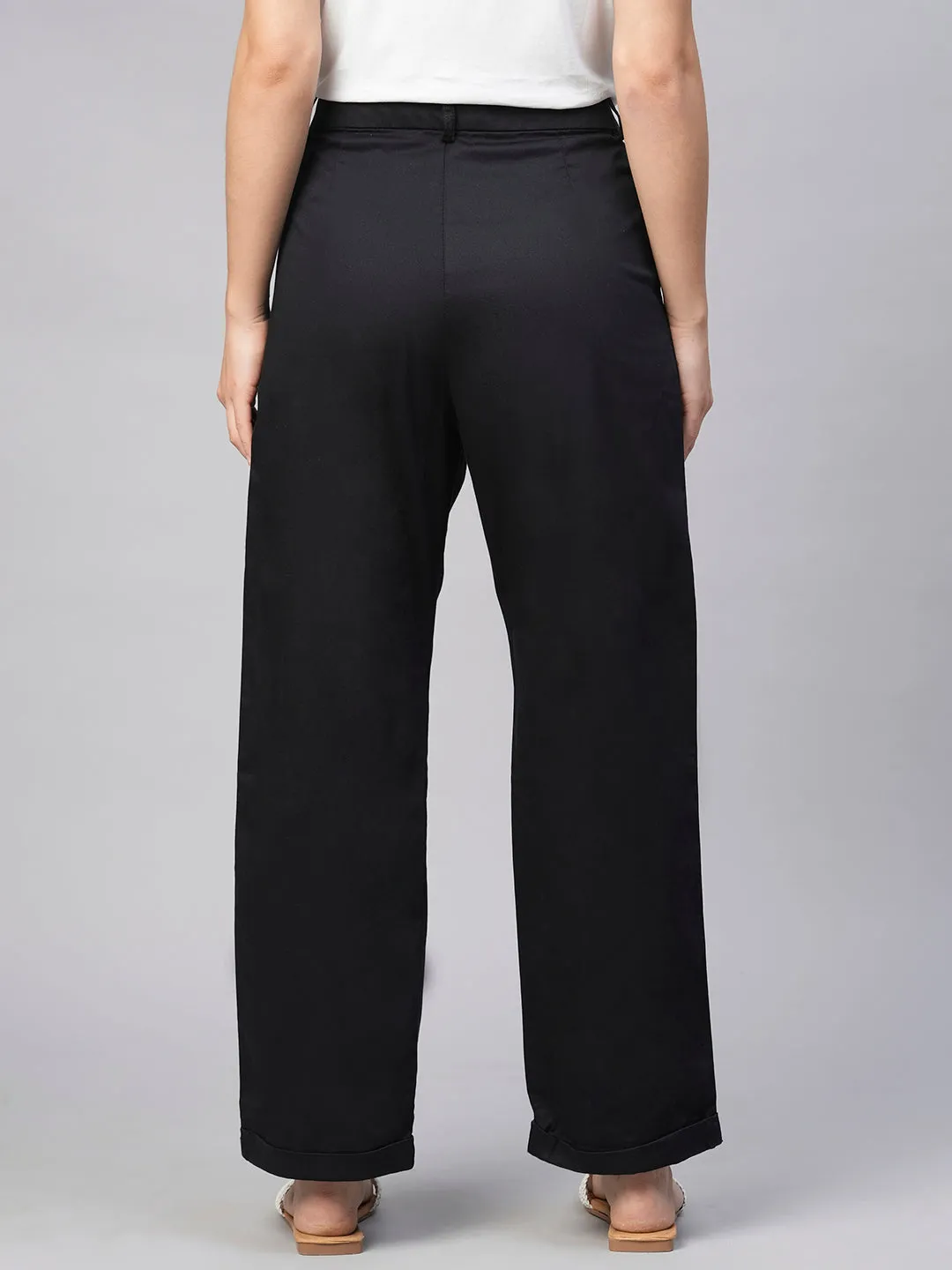 Women's Black Cotton Elastane Straight Fit Pant